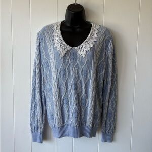 Blue Cable Knit Sweater with Lace Collar